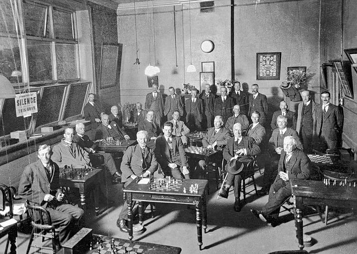 [A chess match between the Ballarat and Geelong chess clubs at the Ballarat mechanics institute, Sturt Street, April, 1925.]