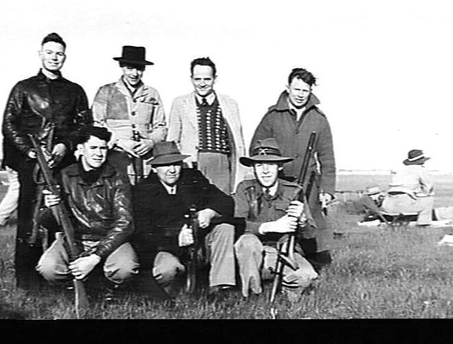 SOME OF THE MEMBERS OF THE SUNSHINE HARVESTER WORKS RIFLE CLUB AT THE RIFLE RANGE. BACK ROW (L. TO R.): HAROLD BROWN, ARTHUR GILLESPIE, TOM PRITCHER, VIC PATTERSON.  FRONT ROW (L. TO R.):  JACK PHALP, LES ZERBST, AND ALAN TAYLOR: `SUNSHINE REVIEW': SEPT 1