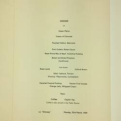 HT 54703, Menu - Dinner, Orient Line, SS Oronsay, 23 Mar 1959 (MIGRATION), Document, Registered