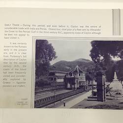 White page with dark blue text. Ornate temple in gardens.