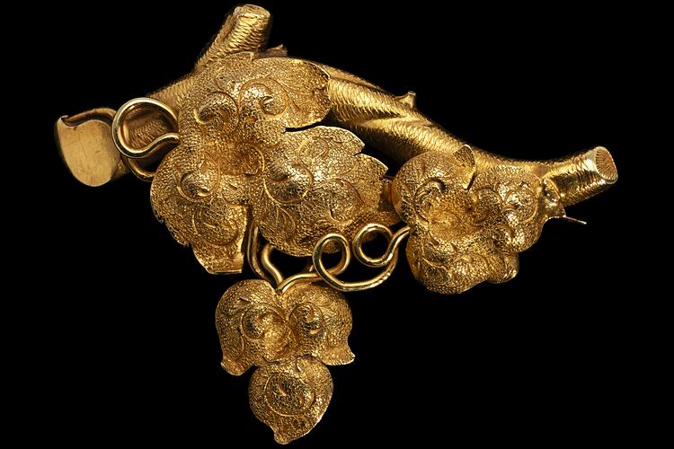 Ornate gold brooch with vine leaves on a branch.