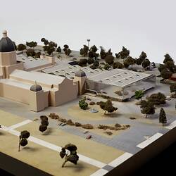 Architectural model of Royal Exhibition Building, Carlton Gardens with fountains, carpark and annexes.