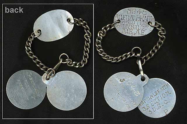 Identification Discs - Sapper Alfred Galbraith, World War I, 1915-1916
