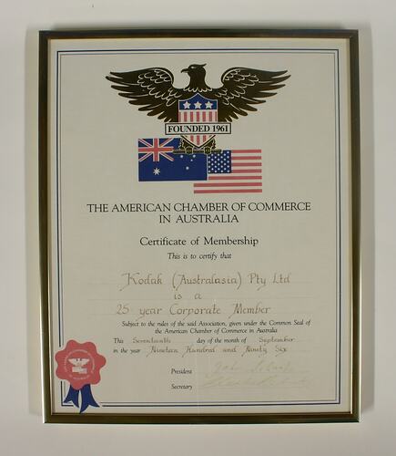 Certificate - American Chamber of Commerce in Australia, Presented to Kodak, Framed, 1996