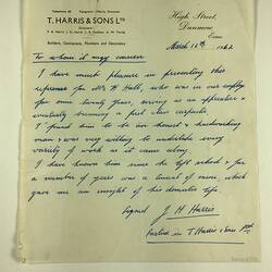 Reference - Hubert Halls from T. Harris & Sons Ltd, Dunmow, England, 12 Mar 1962