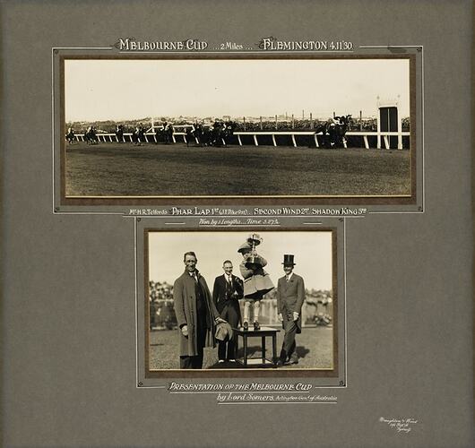 Dark page with 2 horse racing images. Horses racing at top and trophy presentation below.