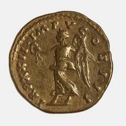Round gold coin. Figure advancing to left extending a wreath in her right hand and holding a palm branch in her left. Text around.