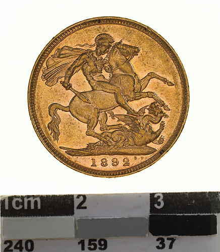 Coin - Sovereign, Victoria, Australia, 1892, photographed by Museums Victoria