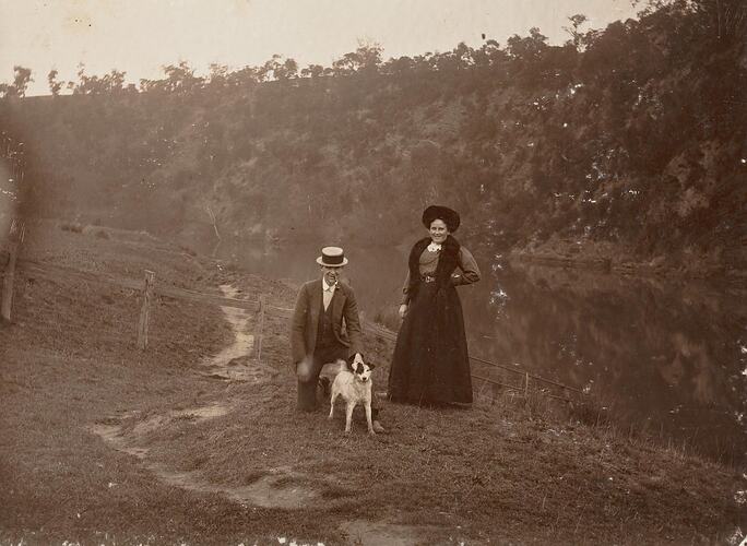 Digital Photograph - Man, Woman & Dog on Banks of Yarra River, Studley Park, circa 1913