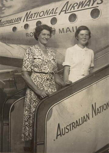 Digital Photograph - Girl & Woman posed on Mock Plane at Essendon Airport, Essendon, 1940