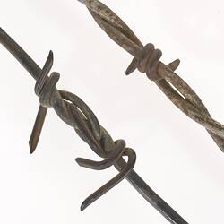 Two single strands of barb wire. One has double kink with two barb points at either end.