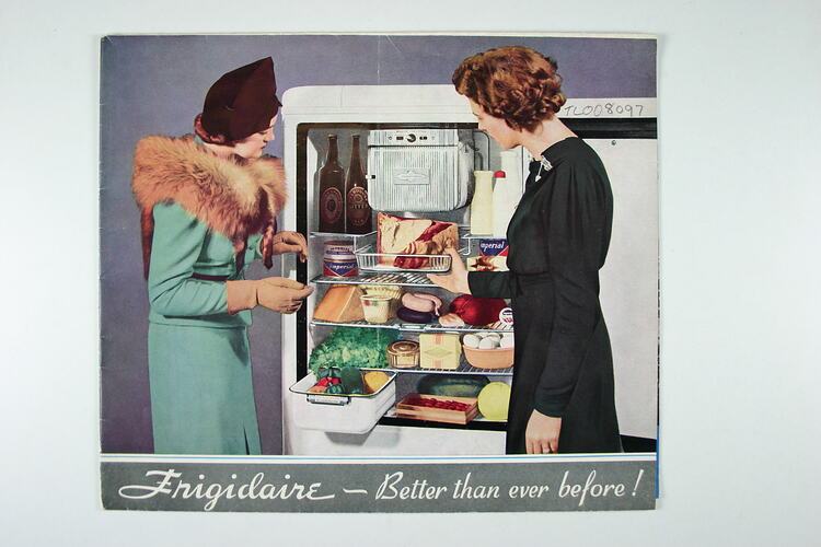 Illustration of two women and an open refrigerator.