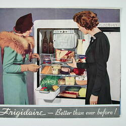 Illustration of two women and an open refrigerator.