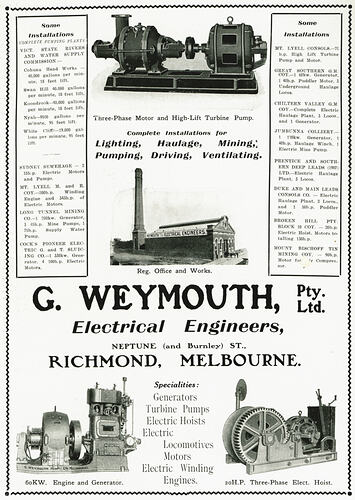 Advertisement - G. Weymouth Pty Ltd, Electrical Engineers, Richmond, May 1909