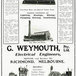 Advertisement - G. Weymouth Pty Ltd, Electrical Engineers, Richmond, Victoria, 1909
