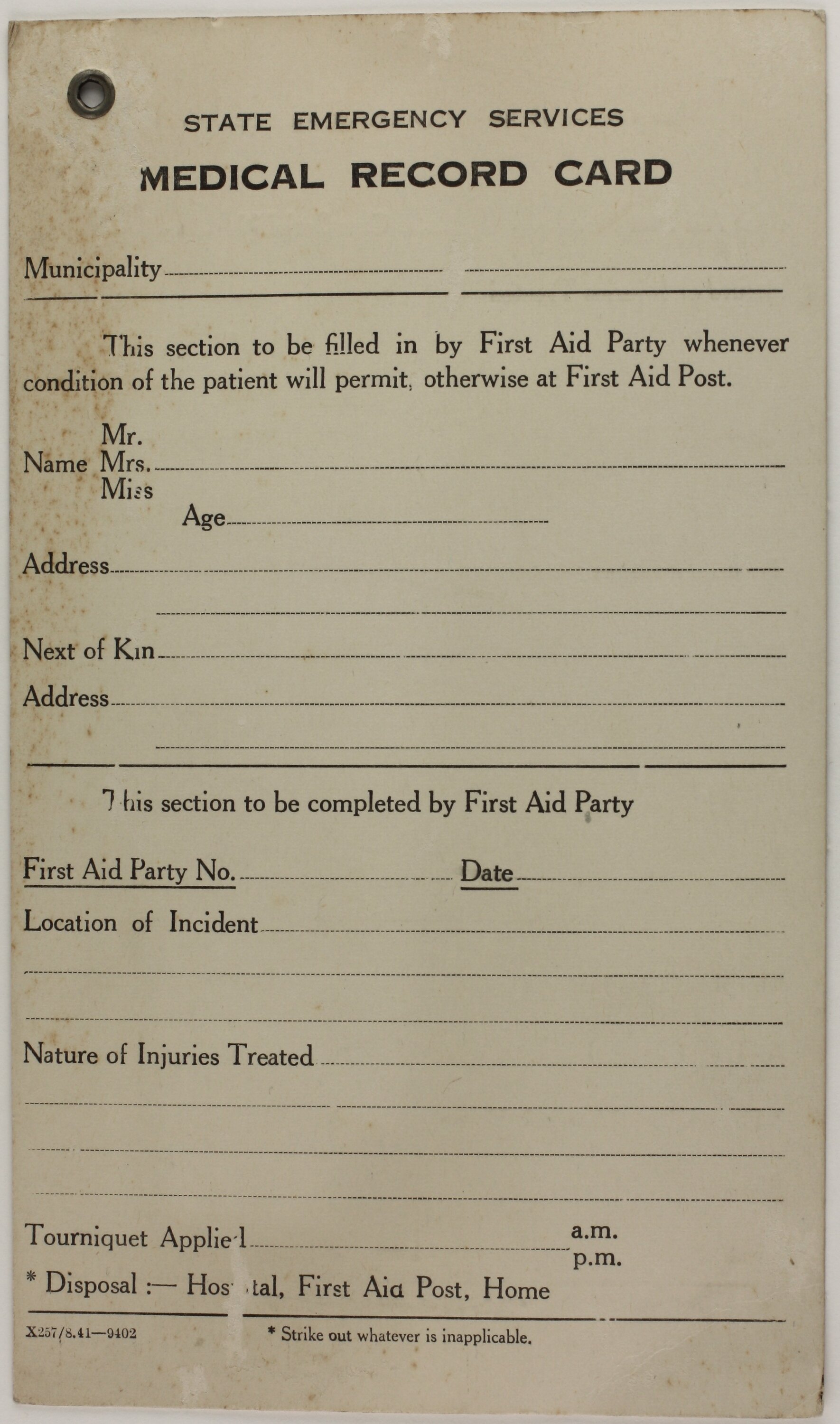 Medical Record Card - State Emergency Services, World War Ii, 1939-1945