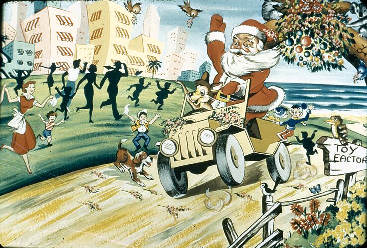Cartoon, Santa Claus driving car, circa 1950s