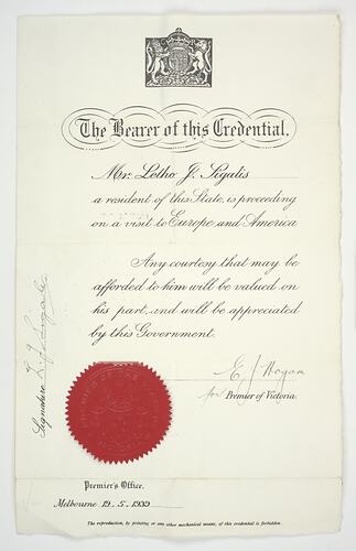 Certificate - Introduction for Letho Sigalas, Premier of Victoria, 19 May 1939