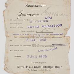 Hire Agreement - Issued to J. Stegelman, Employment on Kiel, 3 Jul 1905