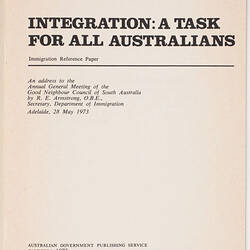 Booklet - R.E. Armstrong, 'Integration: A Task for all Australians', 1973
