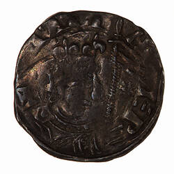 Coin, round, A crowned and diademed bust of Stephen facing right with a triple flag and six pointed star.