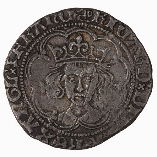 Coin, round, crowned bust of the King facing; text around.