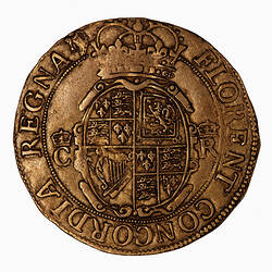 Coin, round, at centre crowned shield quartered with the arms of England, France, Scotland and Ireland.