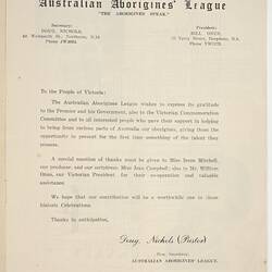 Programme - Australian Aborigines League, 'An Aboriginal Moomba: Out of the Dark', 1951