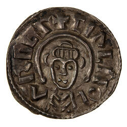 Coin, round, a tonsured bust of the archbishop facing, extending to the edge of coin; text around, + CIALNOI A