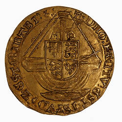 Coin, round, Ship to right with mast in the form of a cross, surmounted by a top-castle.