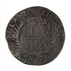 Coin, round, Within a wreath of palm and laurel a shield bearing the cross of St. George; text around.