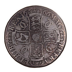 Coin, round, four crowned shields bearing the arms of England, Scotland, France and Ireland; text around.