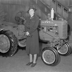 Negative - International Harvester, Miss Dentry, Vice-Commandant, Women's Auxiliary Training League (WATL) & Farmall A Tractor, South Melbourne, 1940