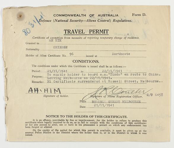 Travel Permit - Mr. Ah Him, 1941