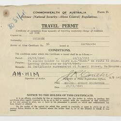 Travel Permit - Mr. Ah Him, 1941