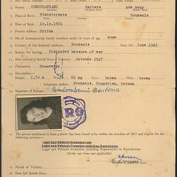 Certificate of Eligibility - Barbara Condorateanu, February 1950