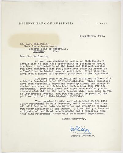 Typewritten letter on Reserve Bank of Australia letterhead.