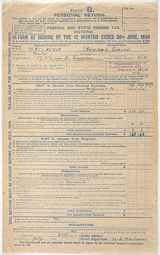 Taxation Return Form - AG Maclaurin, 30th June, 1930
