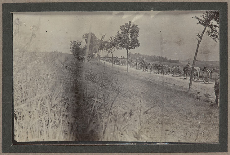 Convoy of horse drawn cartridges on a dirt road in the countryside.