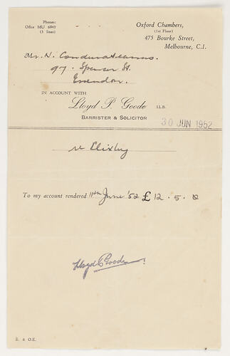 Invoice - Lloyd P Goode of Oxford Chambers to N Condurateanu, Melbourne, 30 Jun 1952