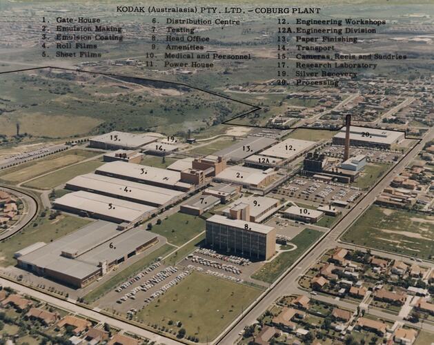 Photograph - Kodak Australasia Pty Ltd, Aerial View of the Kodak Factory Complex with Key to Building Titles, Coburg, 1965