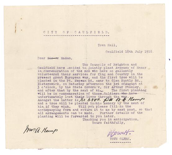 Letter - City of Caulfield, Tree Planting, 18 Jul 1918