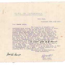 Letter - City of Caulfield, Tree Planting for Albert Kemp, 18 Jul 1918