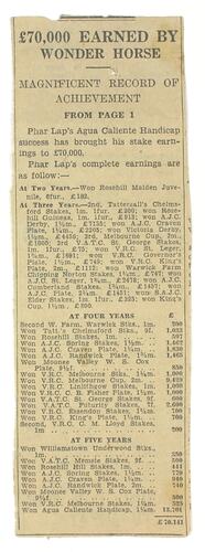 Newspaper Cutting - Phar Lap's Career Earnings, 1932