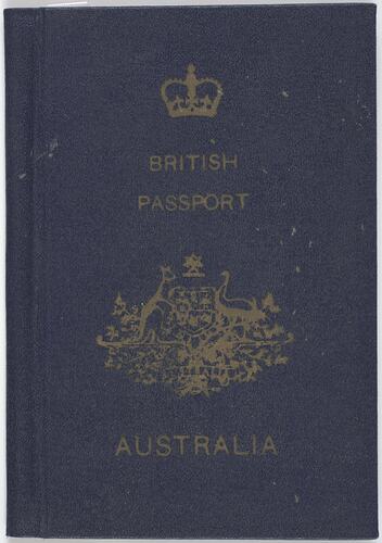 Dark blue passport front cover with gold printing. Logo in centre.