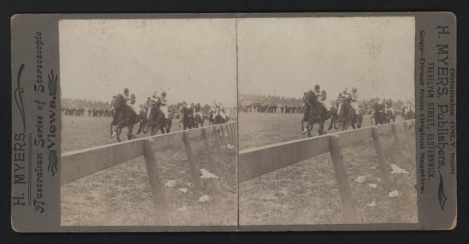 Stereograph - Federation Celebrations, Horse Race, by G.H. Myers, Melbourne, Victoria, 1901