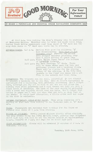 Newsletter - 'Good Morning', P&O Lines, Strathaird, 14 Jun 1960