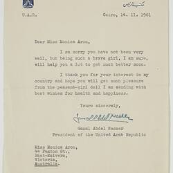 Letter - Gamal Abdel Nasser to Monica Aron, Request for National Doll, 14 Nov 1961