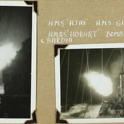 Two photographs, Military battleships with explosions in the air next to the ships.