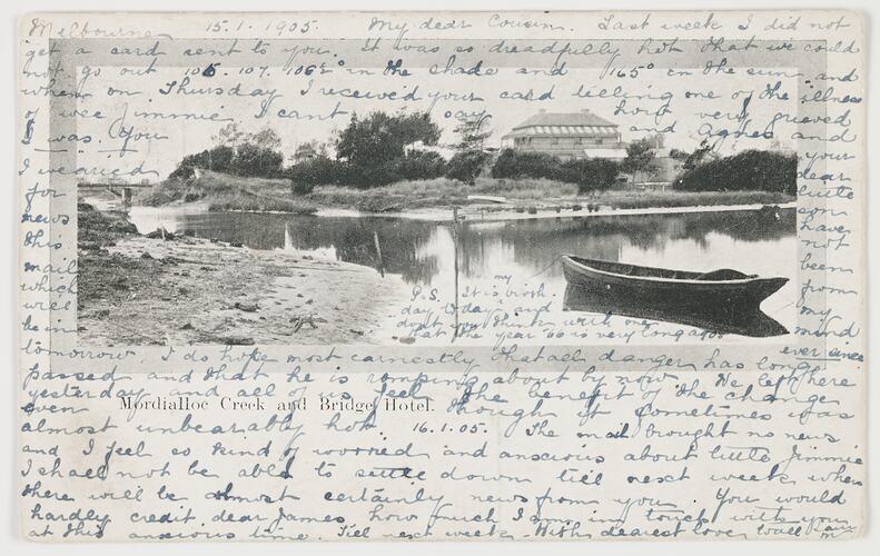 Postcard - Mordialloc Creek & Bridge Hotel, To J. B. Scott from Marion Flinn, Melbourne, 15 Jan 1905